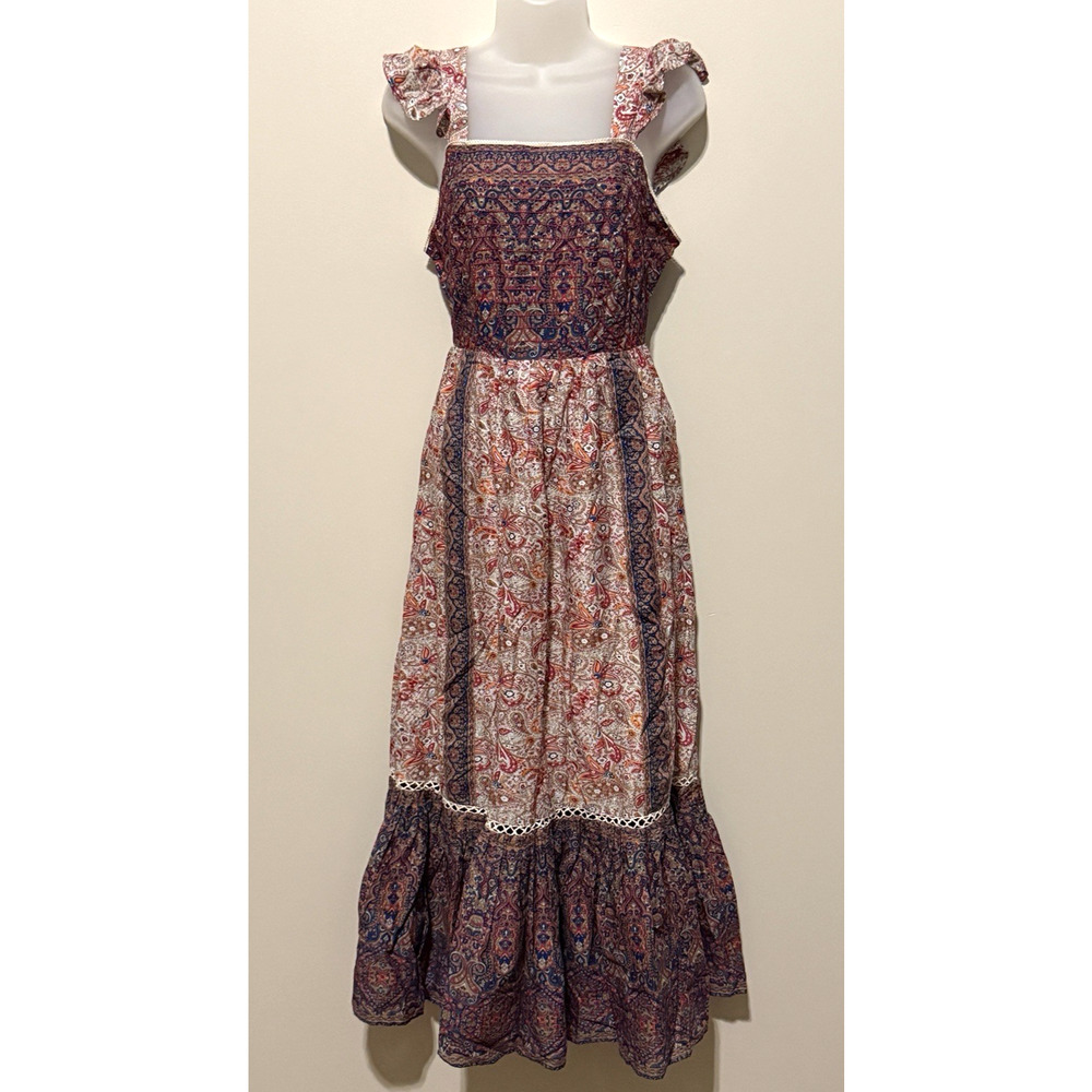 Haute Hippie Sun Dress 4 Paisley Flutter Sleeve Lace Trim Boho Hippy Midi NWT